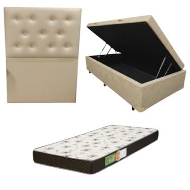Imagem de Cama Box Baú Solteiro Blindada com Colchão Solteiro Espuma D20 12cm | Kit Completo com Cabeceira Botonê Opcional | Diversas Cores (3, CORINO BEGE, COM CABECEIRA)