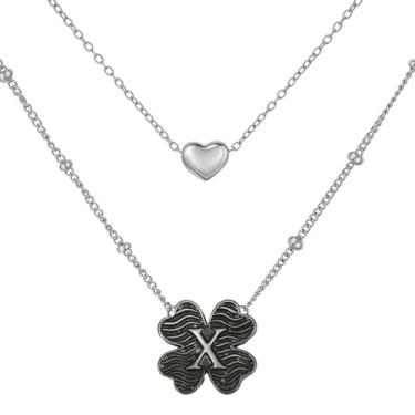 Imagem de MANZHEN Colar feminino com coração e trevo em camadas, inicial A-Z, design decorativo de elos de corrente, joias antigas, 18 Inches, Metal, Sem Pedra Preciosa