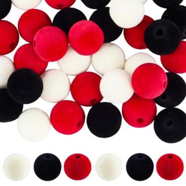 Imagem de SUNNYCLUE 1 caixa, 48 peças, 3 cores, contas de veludo de Natal, 16 mm, focal, macio, flocagem, preto, branco, vermelho, enfeite de árvore de Natal, espaçadores soltos para artesanato, canetas com
