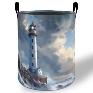 Imagem de Cesto de lavanderia Lighthouse, 50 cm x 40 cm, oceano costeiro, dobrável, à prova d'água, balde de armazenamento de roupas Oxford para quarto, banheiro, quarto, berçário, organizador de brinquedos