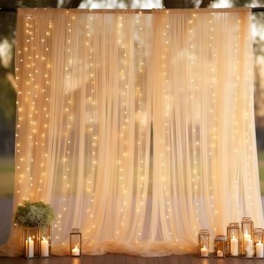 Imagem de Realparkly Cortina de fundo de tule champanhe com luzes, cortinas elegantes e transparentes de pano de fundo, tecido macio e cortina de LED para casamentos, festas britânicas, decoração de fundo, 3 m