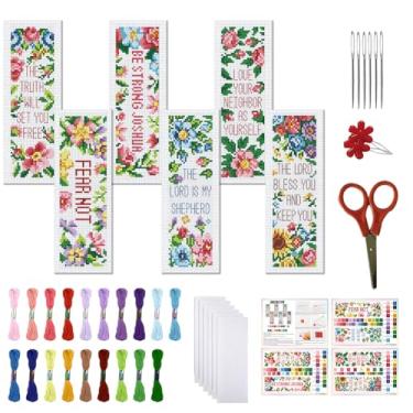 Imagem de FREEBLOSS Conjunto de 6 kits de marcadores de página de ponto cruz, estampa de flores com palavras inspiradoras, kit de bordado de 11 CT com instruções para iniciantes 20 x 6 cm