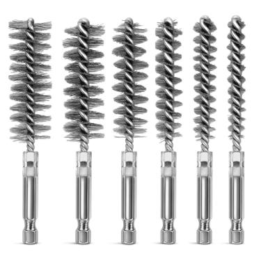 Imagem de LXUEJIE 6 peças de escova de aço inoxidável para limpeza de tubos de cobre, conjunto de escovas de limpeza de fio torcido de 6 tamanhos com haste sextavada de 1/4 polegada para limpeza de tubos de