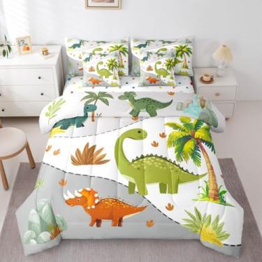 Imagem de Feelyou Conjunto de edredom fofo de dinossauro com 7 peças, solteiro, desenho de dinossauro, verde, para crianças, meninos, meninas, folha de coco, dinossauro, cama em um saco, decoração de quarto