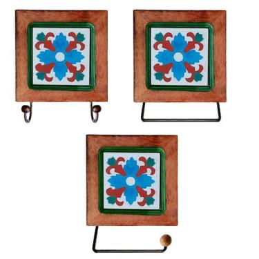 Imagem de Kit de Banheiro Artesanal com Ladrilho Hidráulico 3 Peças em Madeira M