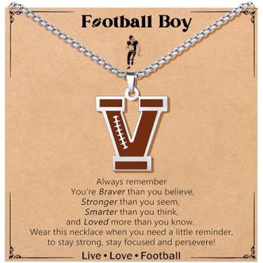 Imagem de JoycuFF Colar de futebol masculino com inicial A-Z, pingente de pingente de futebol em corrente de prata de aço inoxidável, presente de Natal personalizado para filho, neto e sobrinho, Aço inoxidável