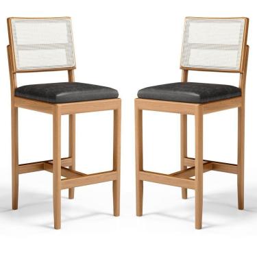 Imagem de Kit Com 2 Banqueta Milena Madeira Maciça Assento Estofado Encosto De Tela Sintética Courino Preto 503