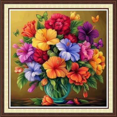 Imagem de Magxvouy Kits de ponto cruz carimbados com uma gama completa de kits de bordado, kits de bordado de ponto cruz para iniciantes, kits impressos de 11 CT e flores coloridas em um vaso 45 x 45 cm
