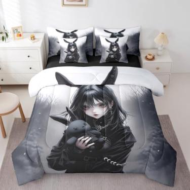 Imagem de Jogo de cama solteiro com estampa de coelho de anime 3D, desenho gótico, desenho de coelho, estilo exótico, para decoração de quarto, 7 peças, preto