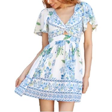 Imagem de Angie Vestido feminino com manga de babados e frente torcida, Branco, azul, M