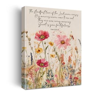 Imagem de Arte de parede em tela cristã Steadfast Love of Lord Lamentações 3:22-23 Pôster bíblico versículo da Bíblia Impressão Imagem Arte de flores silvestres emoldurado para decoração de casa, sala de estar