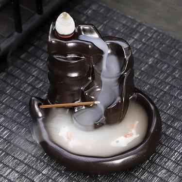 Imagem de Queimador de incenso de refluxo de cerâmica, decoração criativa para casa, queimador de incenso de refluxo em forma de peixe artesanal, aproveite o aroma de sândalo (marrom bambu C-8)