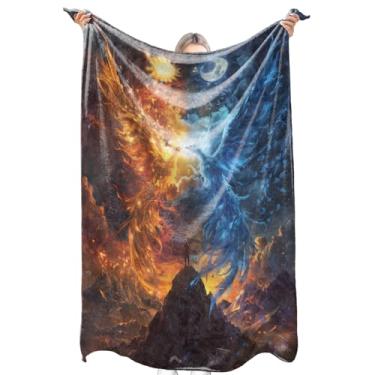 Imagem de zbezbe Phoenix Cobertor de flanela de fogo e gelo mítico Yin Yang cobertor de sol e lua leve macio para festa, cadeira, cama, sofá, acampamento, viagem, decoração de pássaros elementares, presentes