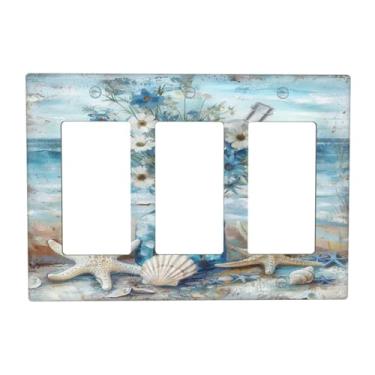 Imagem de BHGAHD Capas de tomada decorativas com estrela do mar, vaso de concha, flor, oceano, pintura a óleo, placa de parede de 3 grupos, capa de interruptor de luz tripla para interruptor de luz GFCI placa