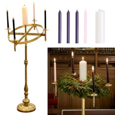 Imagem de MorningRo Castiçal de metal do advento da igreja de 127 cm de altura com 5 velas inclinadas grande guirlanda do advento de Natal suporte de vela candelabro com palete de plástico, presente religioso