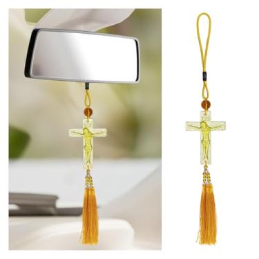 Imagem de Tuxihapp Pingente de espelho retrovisor de carro cruzado, pingente retrovisor automotivo de cristal, enfeite de pendurar espelho de veículo, acessórios de decoração de interiores de automóveis