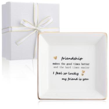 Imagem de Zonon Bandeja de joias de cerâmica, prato decorativo com caixas, suporte de joias de cerâmica, presentes para o dia das mães, aniversário, Natal (amizade (quadrado))