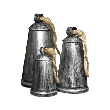 Imagem de Conjunto de 3 sinos de metal rústicos de fazenda, sinos envelhecidos azul-petróleo com corda de juta para decoração de pendurar (prata áspera), Natal, Ano Novo, Ação de Graças