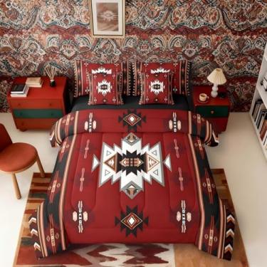 Imagem de Erosebridal Conjunto de edredom King Size Western Bed in a Bag, 7 peças, boêmio, geométrico, boêmio, asteca, decoração de quarto, tribo étnica, vermelho
