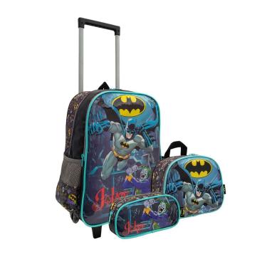 Imagem de Kit Mochila Escolar Infantil Juvenil 2 Rodas com Lancheira Estojo Batman Dc-Unissex
