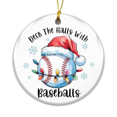 Imagem de Enfeite de beisebol 2025 com chapéu de Papai Noel e enfeite de luzes The Halls com bolas de beisebol, presente de elefante branco para jogadores de beisebol, treinadores e fãs, lembrança de árvore de