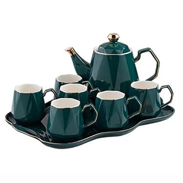 Imagem de Xícaras de café conjunto de chá de porcelana xícaras de chá e pires xícara de cappuccino conjuntos de chá da tarde com bule de chá com acabamento dourado