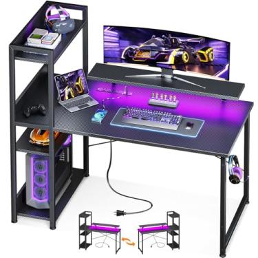 Imagem de ODK Luzes de LED reversíveis para mesa de jogos, mesa de computador de 101 cm com prateleiras de armazenamento e suporte para monitor, mesa de estudo para escritório em casa, quarto pequeno, fibra de