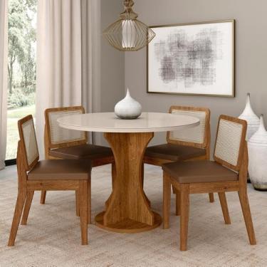 Imagem de Mesa Redonda C/ Vidro 4 Lugares Cadeira Sextavada Cali Freijó/Off/Corino Caramelo - Móveis Arapongas