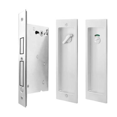 Imagem de Fechadura de privacidade para porta de bolso com indicador sem chaves níquel escovado - ferragens retangulares modernas, puxadores nivelados com borda para portas deslizantes e dobráveis