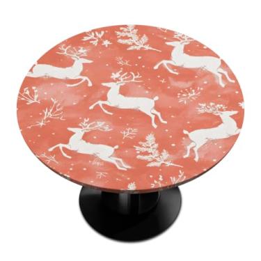 Imagem de hongjinglin Toalha de mesa redonda com borda elástica para decoração de Natal com alce, toalha de mesa redonda para decoração de festivais de 114 a 127 cm
