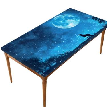 Imagem de Toalha de mesa retangular de 1,8 m elástica com elástico animal, lobo, galáxia, lua, capa de mesa retangular, impermeável, lavável, protetor de mesa para piquenique, jantar, cozinha, decoração ao ar