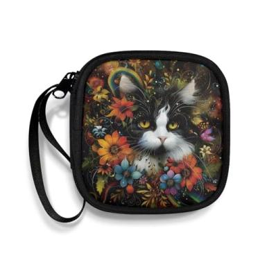 Imagem de Capa de fone de ouvido com estampa de flor de gato, organizador para armazenamento de cabos USB, capa de fone de ouvido Bluetooth portátil com alça portátil e chaveiro