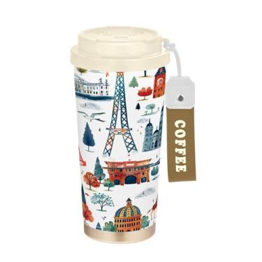 Imagem de SEHANY American Famous Landmarks Caneca de viagem de 482 g Copos de café reutilizáveis revestidos de cerâmica com tampa à prova de vazamento, parede dupla, isolamento a vácuo, copo de café de aço