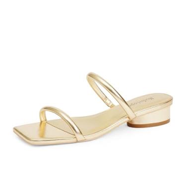 Imagem de Modatope Sandálias femininas quadradas de salto aberto com duas alças de salto grosso para mulheres sandália de salto baixo elegante, A, ouro, 4.5 UK