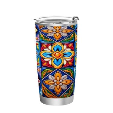 Imagem de Blueangle Copo de 590 ml com tampa e canudo, copo de café com água isolada a vácuo de aço inoxidável, caneca térmica de cerâmica mexicana para bebidas quentes e frias (146)