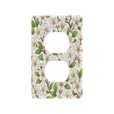 Imagem de Blueangle Placa de parede dupla com flores de cerejeira branca, tamanho padrão, placas de cobertura de tomada elétrica de 1 gangue para decoração de quarto de escritório em casa, 4,53 x 2,76 polegadas