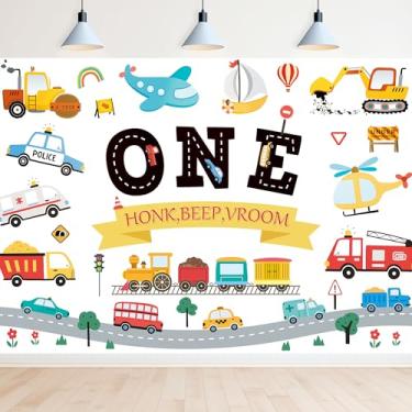 Imagem de Newsely Tema de transporte, cenário de 1º aniversário, 17 x 13 cm A, fotografia para meninos, crianças, desenho animado, carro, trem, avião, veleiro, veículo, tráfego, fundo, decorações fofas, banner