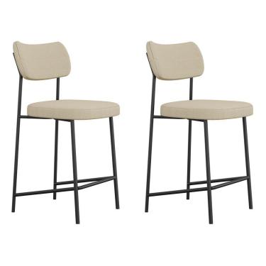 Imagem de Kit 02 Banquetas Médias Para Cozinha Lila Estofada Com Encosto Linho Bege - Abmaza