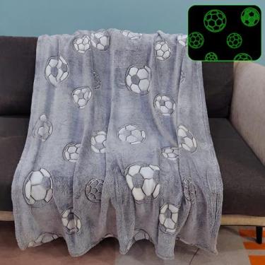 Imagem de Cobertor de futebol que brilha no escuro, flanela de pelúcia macia, cobertor de soneca, presente para entusiastas de futebol, Natal, Ação de Graças, aniversário, decoração mágica, 127 x 152 cm
