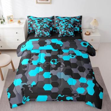 Imagem de jejeloiu Conjunto de cama casal azul favo de mel, geométrico, hexágono, geométrico, geométrico, geométrico, para decoração de quarto de crianças, meninos, camuflagem, geométrico, abstrato, para