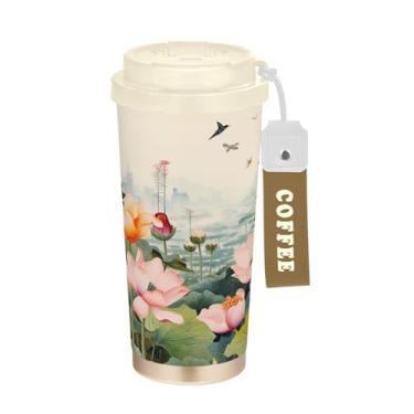 Imagem de Wassud Caneca de café de viagem isolada com pintura de flores de lótus copo à prova de vazamento com tampa e canudo garrafa de água de aço inoxidável para café quente/gelo, chá e cerveja