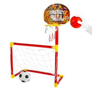Imagem de BVX Kit Esportivo Infantil 2 em 1, Conjunto de Futebol e Basquete com Trave, Cesta, Rede, Bolas, para Crianças a partir de 2 Anos, 57 x 83 x 33 cm