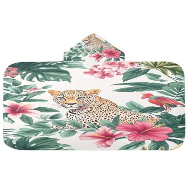 Imagem de Burbuja Toalha de banho com capuz de leopardo em planta tropical para crianças, toalha de praia de pelúcia macia absorvente para meninas e meninos 3-10 anos, 61 x 127 cm