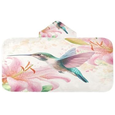 Imagem de Burbuja Toalha de banho com capuz de lírios rosa beija-flor para crianças, toalha de praia de pelúcia macia absorvente para chá de meninas e meninos 3-10 anos, 61 x 127 cm