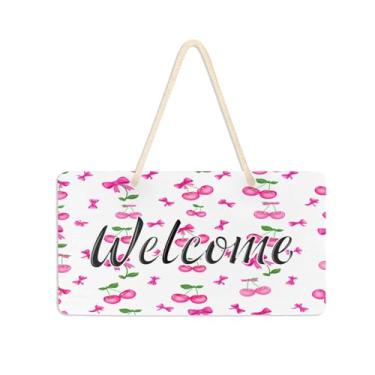 Imagem de Burbuja Placa de boas-vindas de cereja com laço para porta da frente, placa de boas-vindas de PVC para decoração de férias, 15 x 28 cm