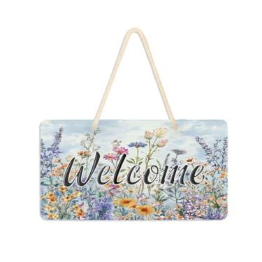 Imagem de Burbuja Placa de boas-vindas de flores silvestres para porta da frente, placa de boas-vindas de PVC para decoração de férias, 15 x 28 cm