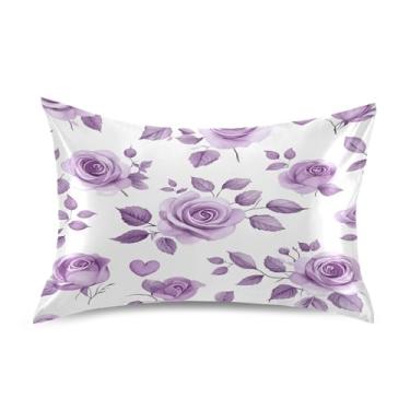 Imagem de Fronha de almofada de seda para pele e cabelo, extra macia, resistente a rugas e desbotamento com fecho de envelope (tamanho padrão, 66 x 50 cm) | Rosas roxas