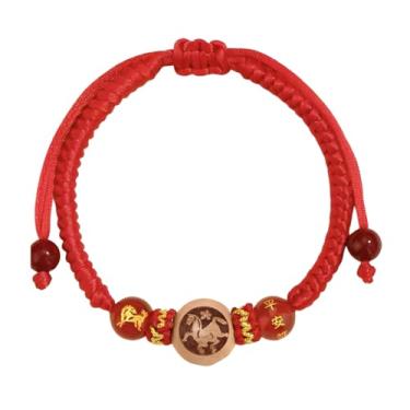 Imagem de QRH Pulseiras de Ano Novo Chinês do Cavalo Feito à Mão com Corda Vermelha Cavalo do Zodíaco de Madeira Pulseiras de Corda Trançada Cavalos Boa Sorte Bênção de Ano Novo Presente, Adjustable Size, Nylon