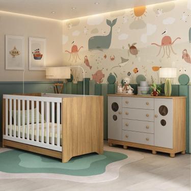 Imagem de Berço Americano 3 Em 1 Com Cômoda 2 Portas 4 Gavetas Bombom Multimóveis MP4712 Madeirado-off White