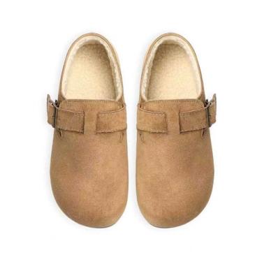 Imagem de Tamancos femininos de camurça com forro de lã estilo slip-on com fivela ajustável tamancos de couro com palmilha de cortiça chinelos domésticos com suporte de arco unissex, Marrom, 41